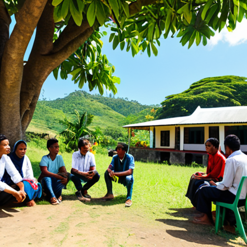A group of diverse university students and a local Timorese community leader engaging in a collaborative discussion under the shade of a large tree in a vibrant rural village in East Timor. They are focused on a project plan, with active participation and respectful dialogue. The students and leader are fully clothed in modest, professional dress and comfortable attire appropriate for the warm climate. The background features traditional Timorese homes and lush greenery. Professional photography, natural lighting, high-resolution, vivid colors, safe for work, appropriate content, perfect anatomy, correct proportions, natural pose, well-formed hands, proper finger count, natural body proportions, family-friendly.