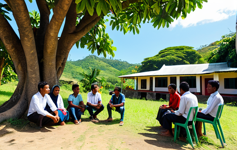 A group of diverse university students and a local Timorese community leader engaging in a collaborative discussion under the shade of a large tree in a vibrant rural village in East Timor. They are focused on a project plan, with active participation and respectful dialogue. The students and leader are fully clothed in modest, professional dress and comfortable attire appropriate for the warm climate. The background features traditional Timorese homes and lush greenery. Professional photography, natural lighting, high-resolution, vivid colors, safe for work, appropriate content, perfect anatomy, correct proportions, natural pose, well-formed hands, proper finger count, natural body proportions, family-friendly.