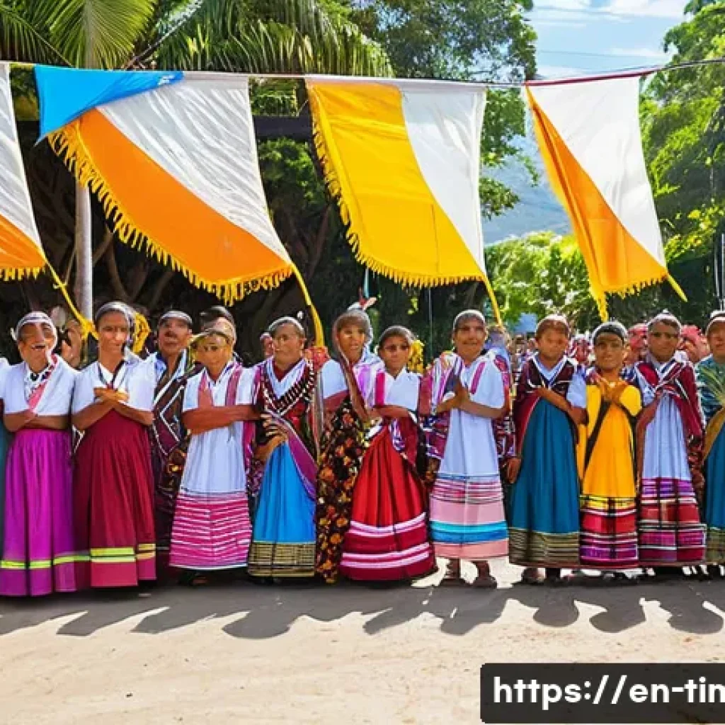 동티모르의 주요 종교 - A vibrant East Timorese religious festival scene featuring a diverse crowd dressed in colorful tradi...