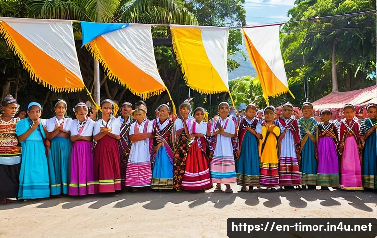 동티모르의 주요 종교 - A vibrant East Timorese religious festival scene featuring a diverse crowd dressed in colorful tradi...