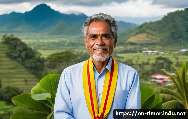동티모르의 첫 대통령 - A dignified portrait of East Timor’s first president standing confidently amidst a backdrop of lush ...