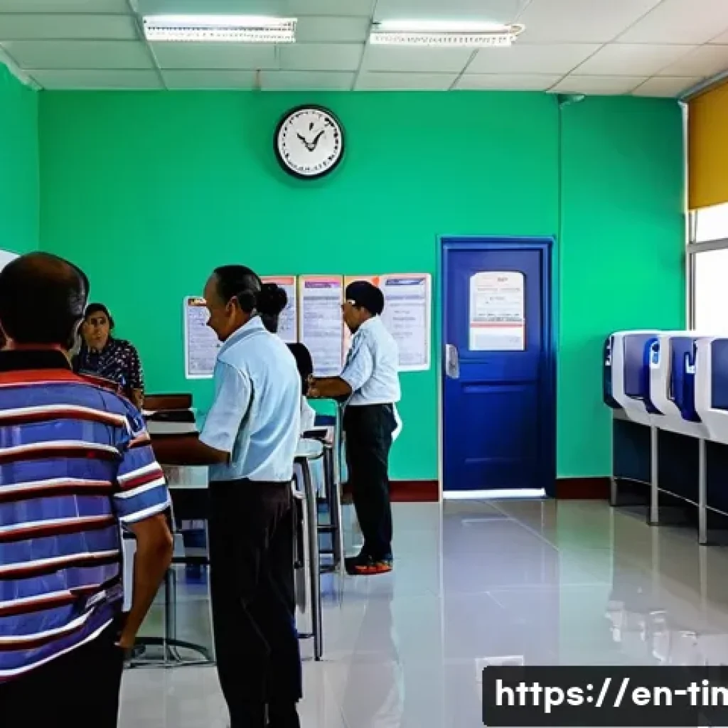 동티모르 여권 발급 절차 - A modern government passport office interior in Timor-Leste, showing a diverse queue of Timorese cit...