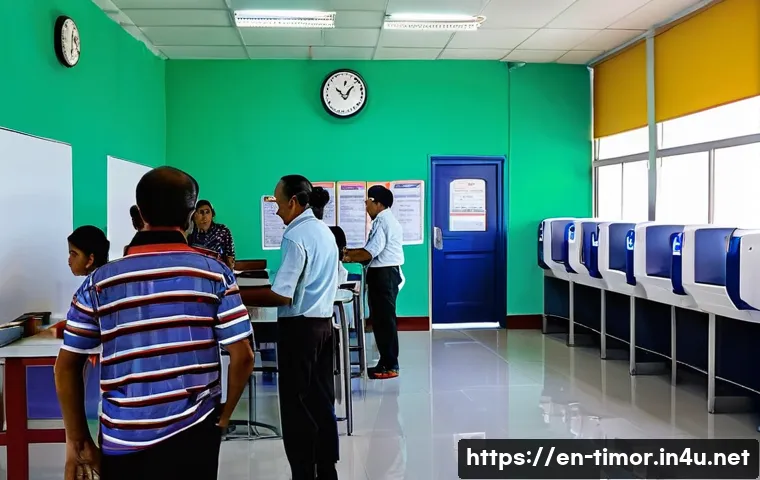 동티모르 여권 발급 절차 - A modern government passport office interior in Timor-Leste, showing a diverse queue of Timorese cit...