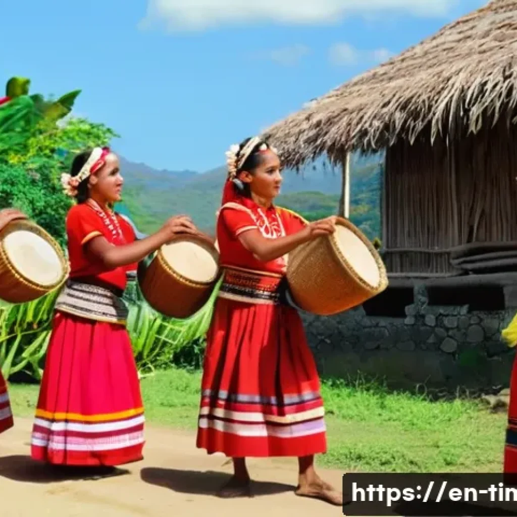 동티모르 교환학생 프로그램 - A vibrant East Timorese village scene during a traditional dance ceremony: local men and women dress...