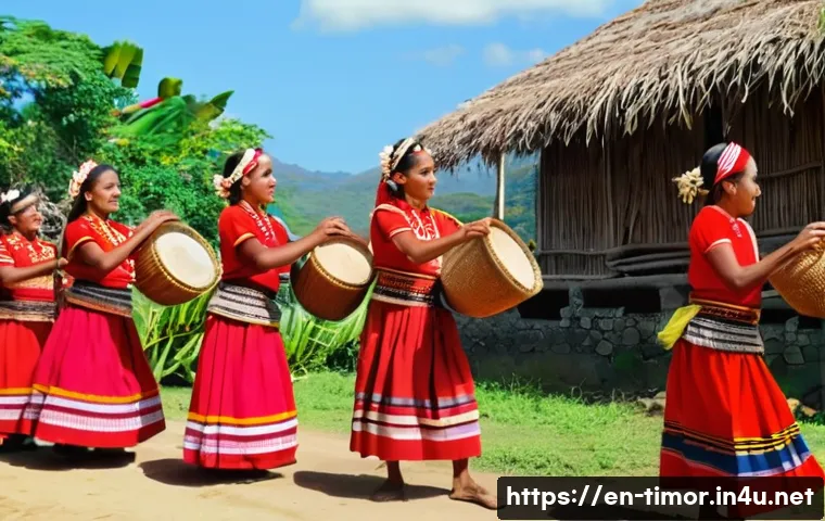 동티모르 교환학생 프로그램 - A vibrant East Timorese village scene during a traditional dance ceremony: local men and women dress...