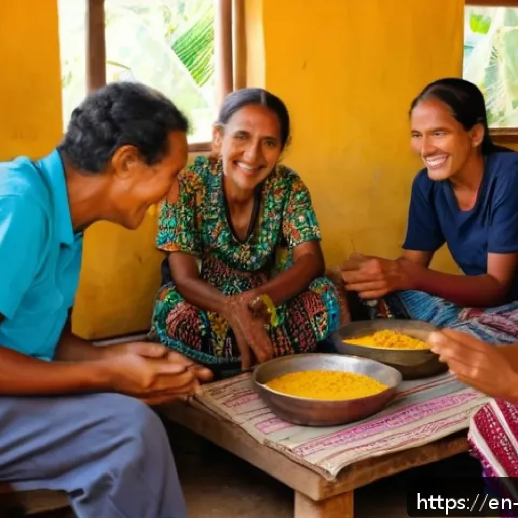 동티모르 자원봉사 기회 - A warm and vibrant scene depicting a volunteer sharing a traditional Timorese meal with a local fami...