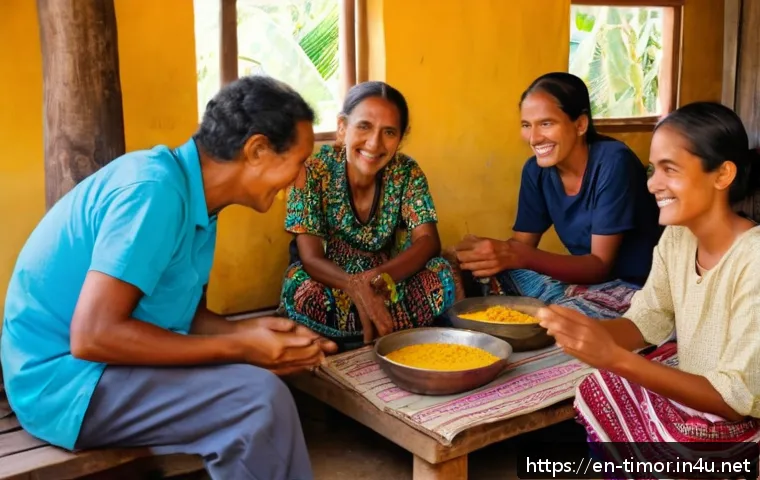 동티모르 자원봉사 기회 - A warm and vibrant scene depicting a volunteer sharing a traditional Timorese meal with a local fami...