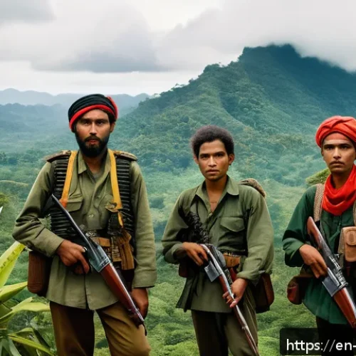 Home 33 동티모르의 독립 선언문 - A vivid scene depicting East Timorese guerrilla fighters in traditional clothing and simple tactical...