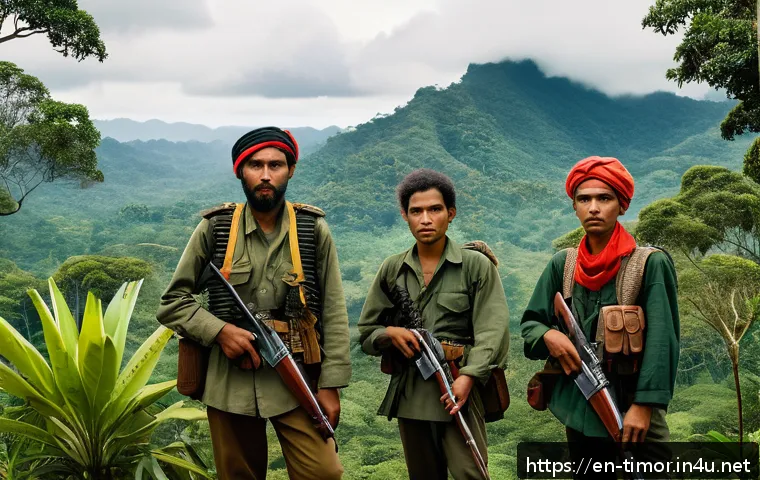 동티모르의 독립 선언문 - A vivid scene depicting East Timorese guerrilla fighters in traditional clothing and simple tactical...