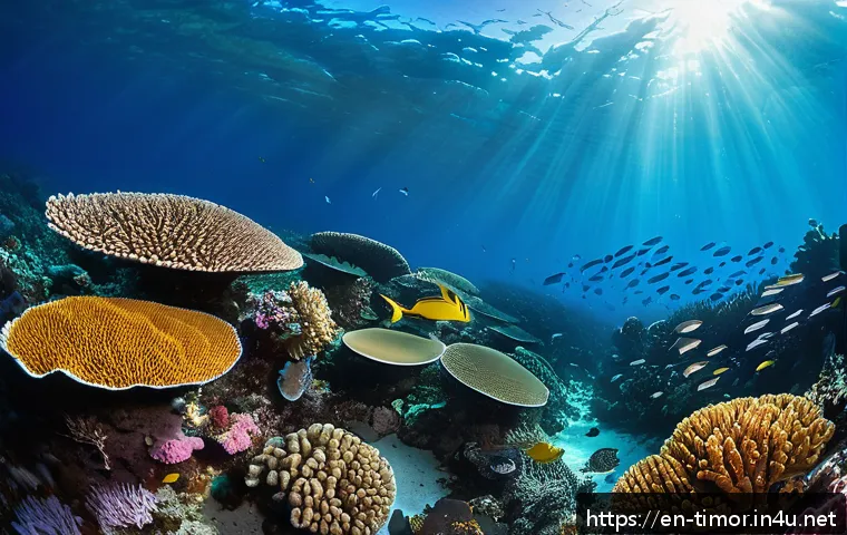 동티모르 다이빙 명소 - A vibrant underwater scene showcasing Timor-Leste’s remote coral gardens, featuring a diverse array ...