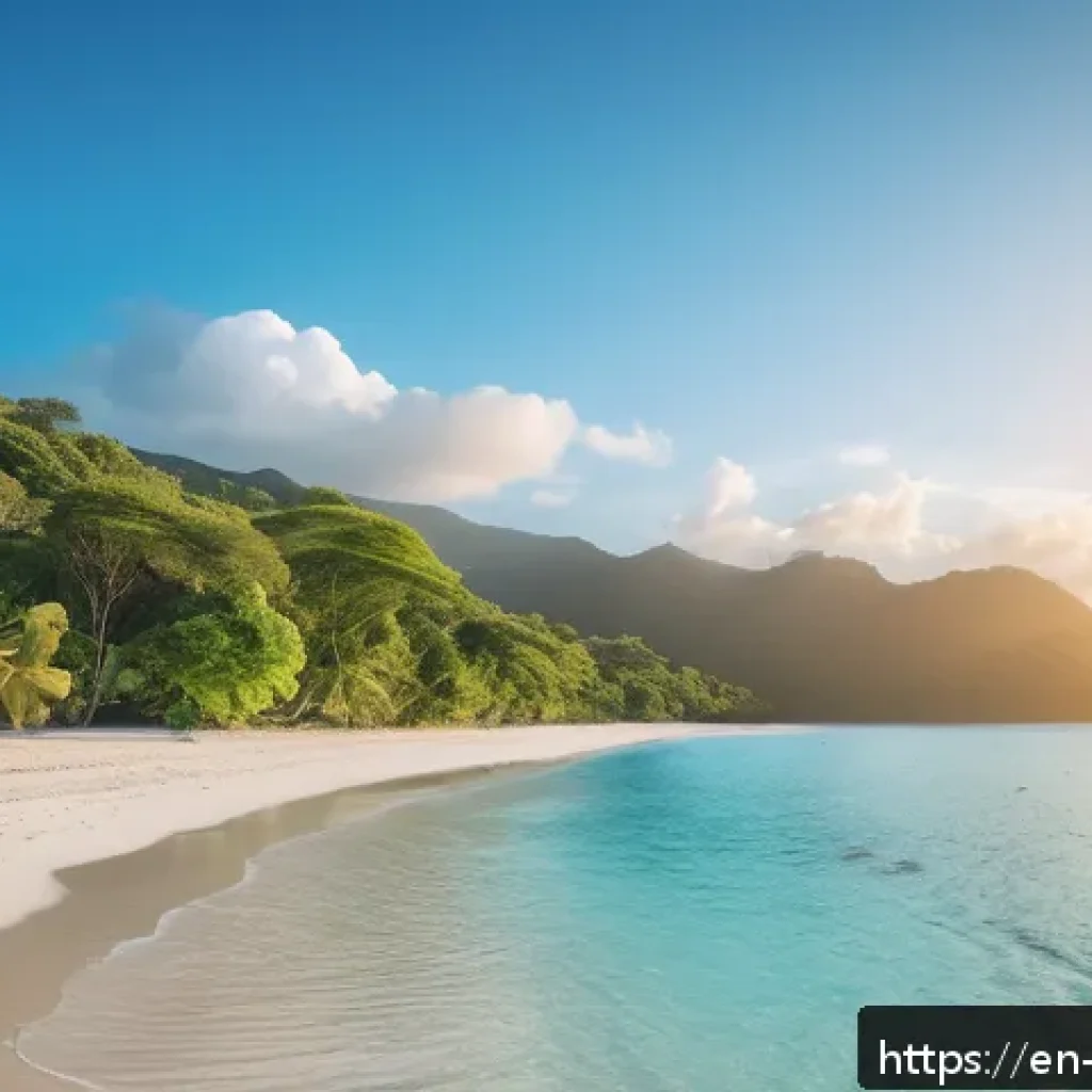 동티모르 주요 관광지 - A serene, secluded white sand beach in Timor-Leste at golden hour, bordered by lush tropical greener...