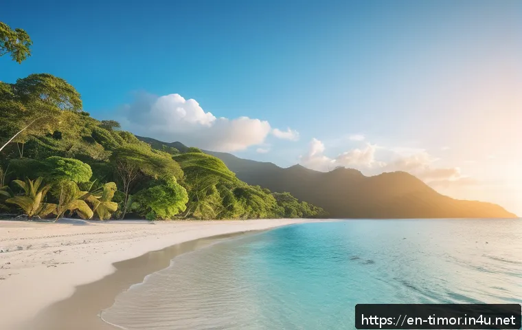 동티모르 주요 관광지 - A serene, secluded white sand beach in Timor-Leste at golden hour, bordered by lush tropical greener...