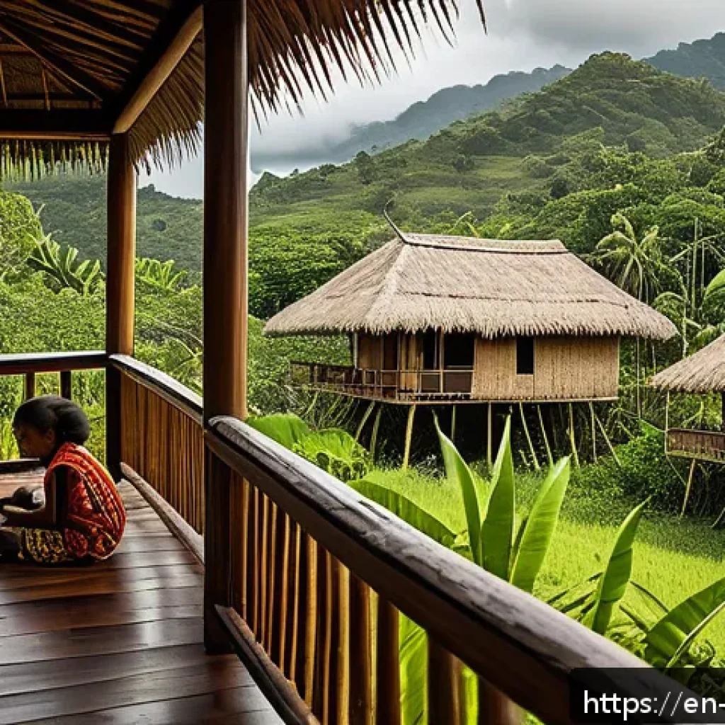 동티모르 전통 가옥 - A vibrant Timorese village scene showcasing traditional houses with elevated timber floors and steep...