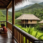 Home 18 동티모르 전통 가옥 - A vibrant Timorese village scene showcasing traditional houses with elevated timber floors and steep...