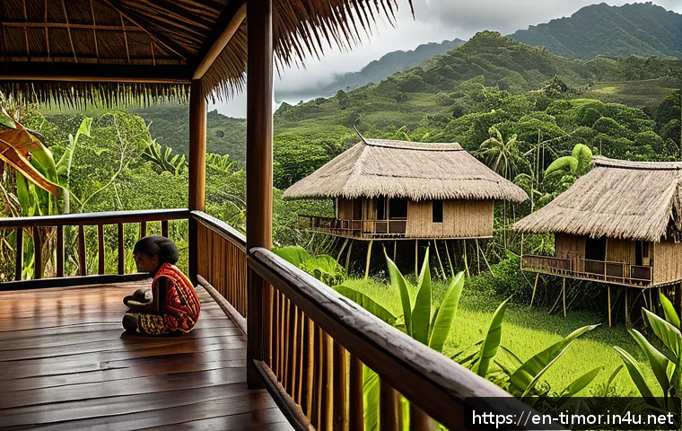 동티모르 전통 가옥 - A vibrant Timorese village scene showcasing traditional houses with elevated timber floors and steep...