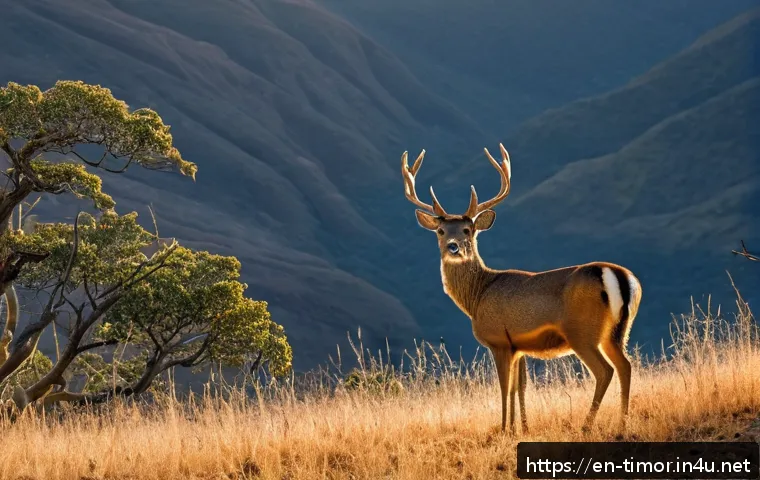 동티모르 야생 동물 - A detailed, vibrant scene of a Timor deer standing alert on a rugged, forested hillside during late ...