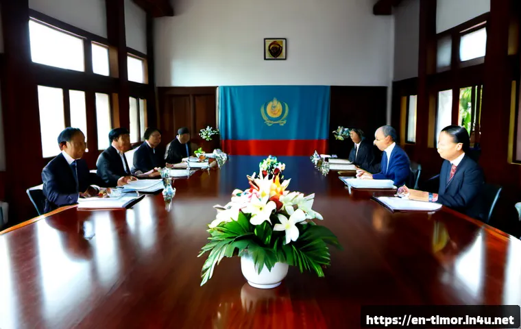 Home 17 동티모르와 중국의 관계 - Photorealistic diplomatic meeting in a bright government conference room in Dili, Timor-Leste, a Tim...